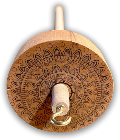 Happy Classy Drop Spindle Maple Top Whorl Spinning Smooth Finish Mandala Design #3